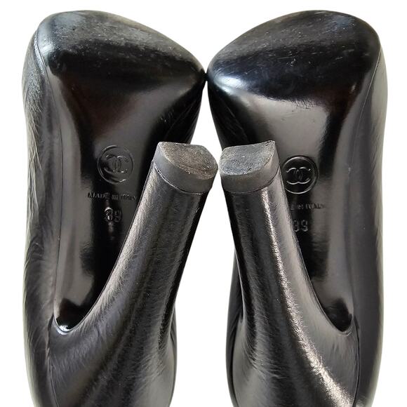 Chanel CC Patent Leather Pointed Cap Toe Pump Heel Size 39 US 8 8.5 Black Silver - Picture 9 of 13